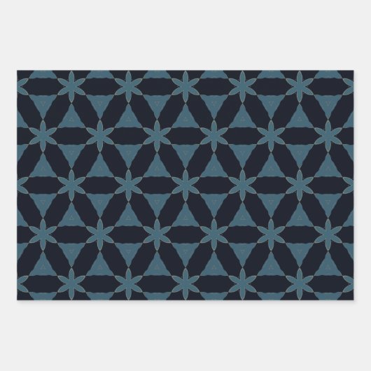 クリスマスダークブルーと金ゴールド幾何学花 ラッピングペーパーシート (正面2)