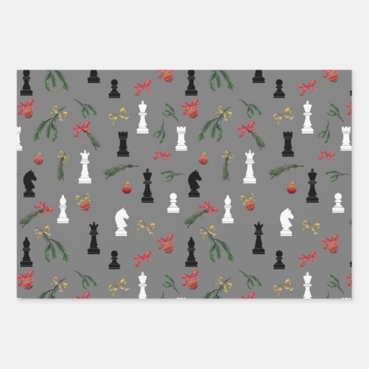 クリスマスチェスの駒ゲームパターングレー ラッピングペーパーシート (正面)