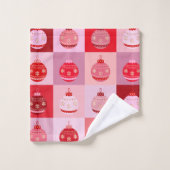 クリスマスチェック – ピンクと赤の市松模様にオーナメント バスタオルセット (ウォッシュタオル)