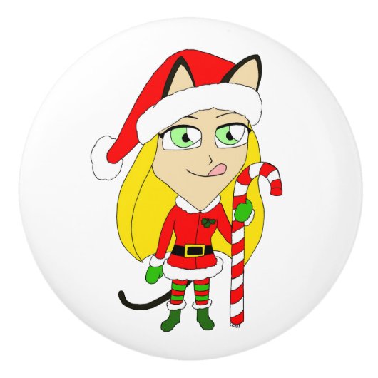 クリスマスチビ（小さくかわいく書いた感じ）の少女 セラミックノブ (正面)