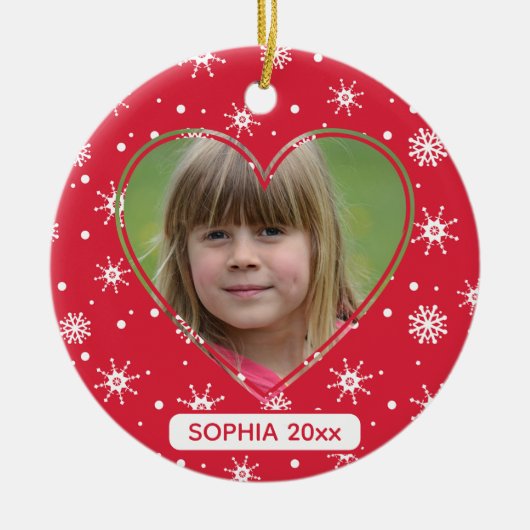 クリスマスチャイルド写真かわいい赤いスノーフレーク セラミックオーナメント (正面)