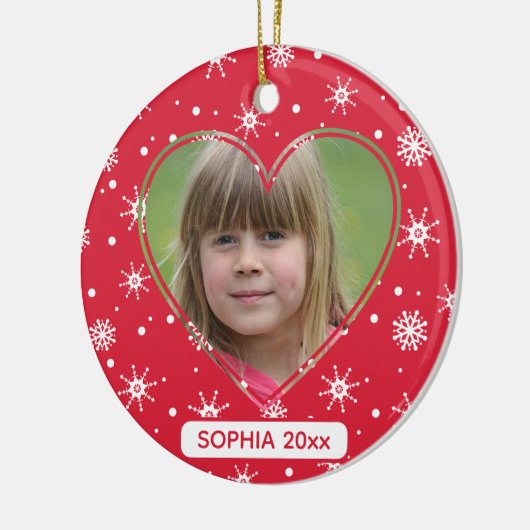 クリスマスチャイルド写真かわいい赤いスノーフレーク セラミックオーナメント (左)