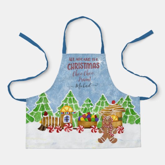 クリスマスチョオトレインジンジャーブレッドマンnキャンディ エプロン (正面)