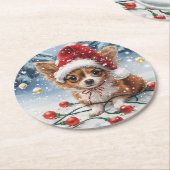 クリスマスチワホアサンタドッグ ラウンドペーパーコースター (アングル)