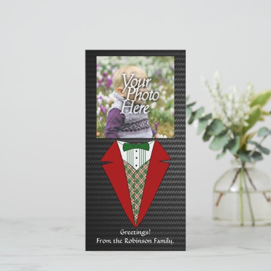 クリスマスツキシード、赤と緑の小妖精や小人 シーズンカード (スタンド正面)