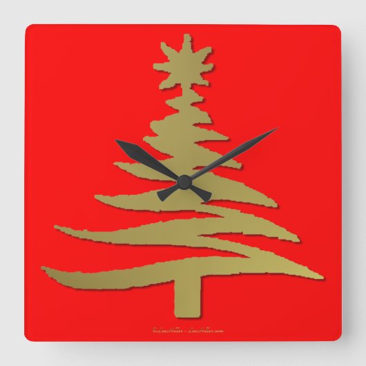 クリスマスツモダンリーステンシルプリント金ゴールド スクエア壁時計 (正面)