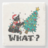 クリスマスツリーおもしろいを押している黒猫サンタ ストーンコースター (正面)