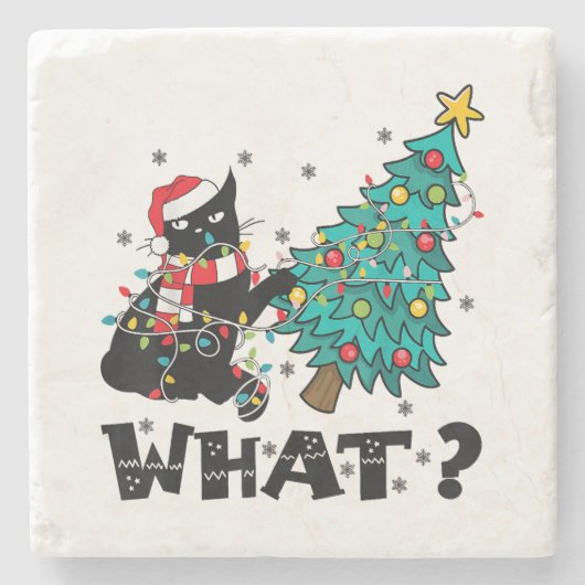 クリスマスツリーおもしろいを押している黒猫サンタ ストーンコースター (正面)