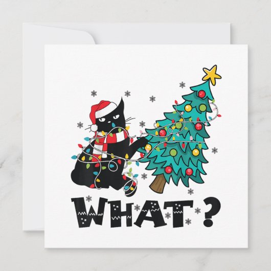 クリスマスツリーおもしろいを押している黒猫サンタ 招待状 (正面)