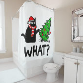 クリスマスツリーおもしろいを押す黒猫 シャワーカーテン (インサイチュ)
