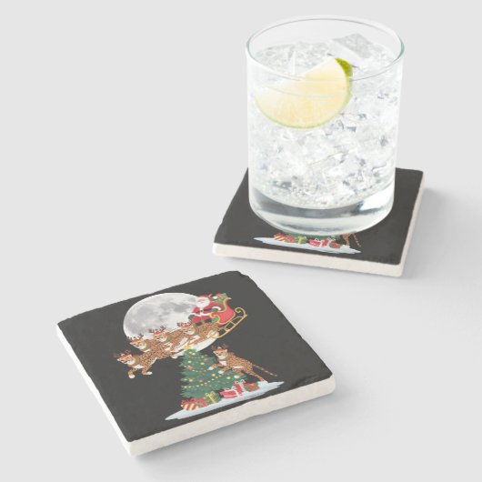 クリスマスツリーおもしろいライツサンタライディングチーター ストーンコースター (横)