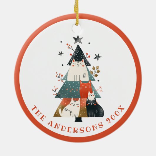 クリスマスツリーお洒落と猫のパーソナライズされたクリスマス セラミックオーナメント (裏面)