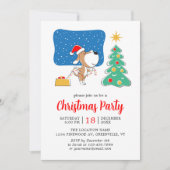 クリスマスツリーかわいい子犬サンタハットパーティー 招待状 (正面)