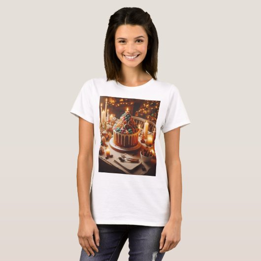 クリスマスツリーが一番上にあるクリスマスケーキ Tシャツ (正面フル)
