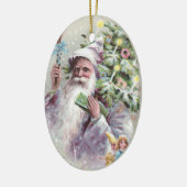 クリスマスツリーが付いている紫色のコートの旧式なサンタ セラミックオーナメント (左)