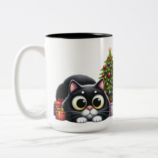 クリスマスツリーが可愛い黒猫 ツートーンマグカップ (左)
