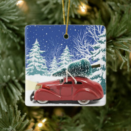 クリスマスツリーが屋根に付いた赤い車 セラミックオーナメント