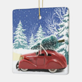クリスマスツリーが屋根に付いた赤い車 セラミックオーナメント (左)