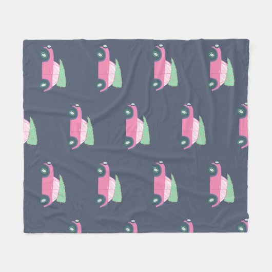 クリスマスツリーが水彩を彩る、かわいいピンクの車 フリースブランケット (正面(横))