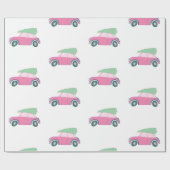 クリスマスツリーが水彩を彩る、かわいいピンクの車 ラッピングペーパー (フラット)