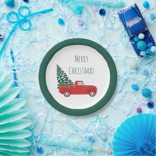クリスマスツリーが赤いメリークリスマストラック ペーパープレート (パーティー)