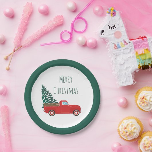 クリスマスツリーが赤いメリークリスマストラック ペーパープレート (パーティー)
