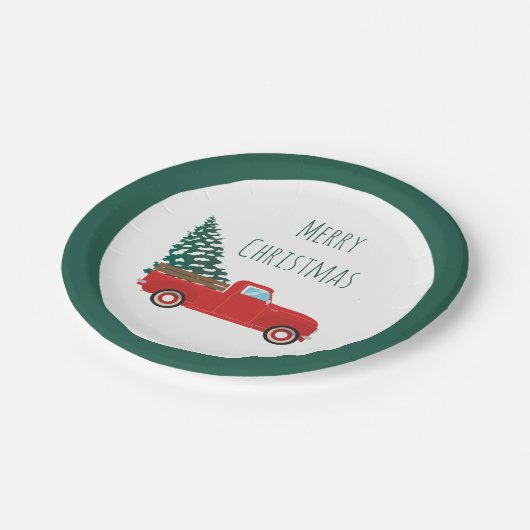 クリスマスツリーが赤いメリークリスマストラック ペーパープレート (アングル)