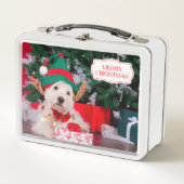 クリスマスツリーが飾られた可愛いクリスマス犬 メタルランチボックス (正面)
