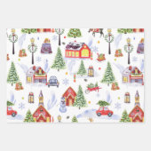 クリスマスツリーが飾られた可愛いヴィンテージクリスマスビレッジ ラッピングペーパーシート (正面)