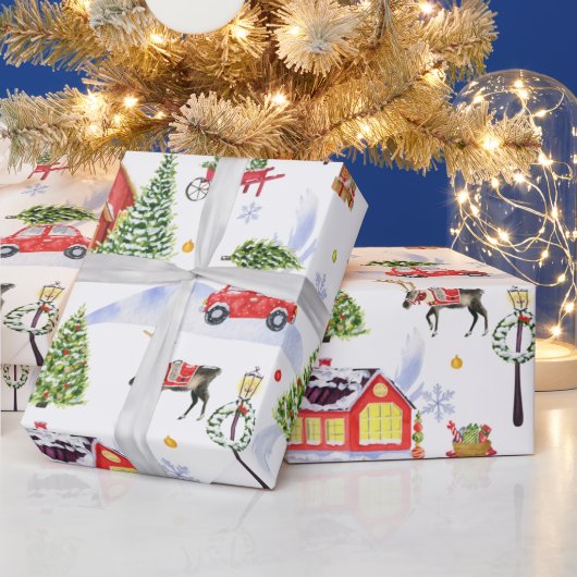クリスマスツリーが飾られた可愛いヴィンテージクリスマスビレッジ ラッピングペーパー (クリスマス)