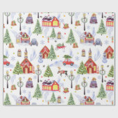クリスマスツリーが飾られた可愛いヴィンテージクリスマスビレッジ ラッピングペーパー (フラット)