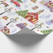 クリスマスツリーが飾られた可愛いヴィンテージクリスマスビレッジ ラッピングペーパー (角)