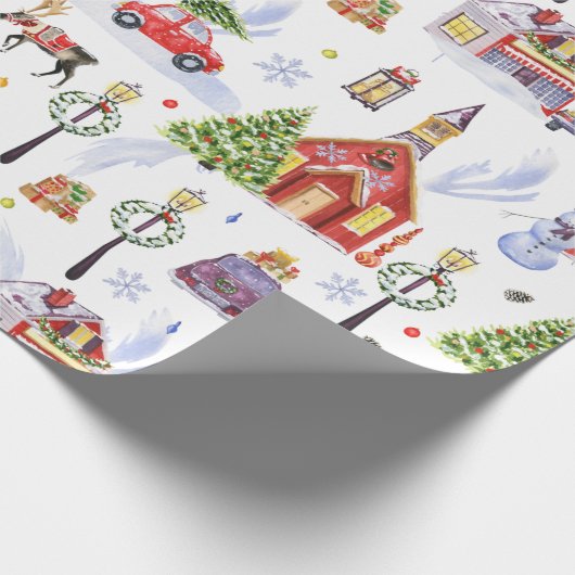 クリスマスツリーが飾られた可愛いヴィンテージクリスマスビレッジ ラッピングペーパー (角)