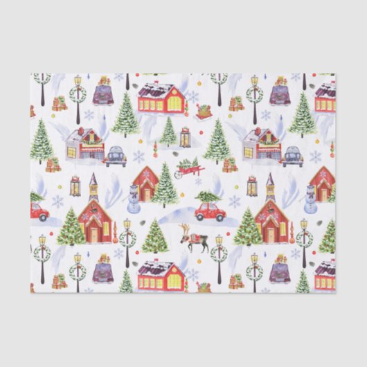 クリスマスツリーが飾られた可愛いヴィンテージクリスマスビレッジ 薄葉紙 (正面)