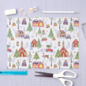 クリスマスツリーが飾られた可愛いヴィンテージクリスマスビレッジ 薄葉紙 (クラフト)
