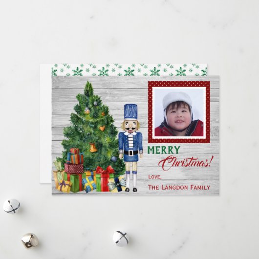 クリスマスツリーくるみ割り家族または子供写真 シーズンカード (正面/裏面インサイチュ)