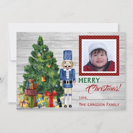 クリスマスツリーくるみ割り家族または子供写真 シーズンカード (正面)