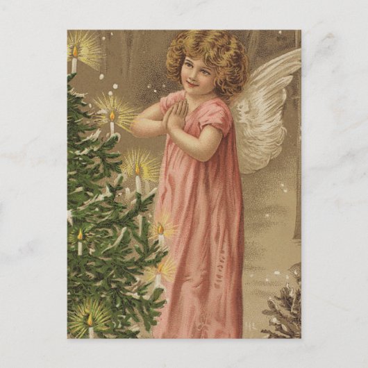 クリスマスツリーでの小さなピンクのガーベドアングル シーズンポストカード (正面)