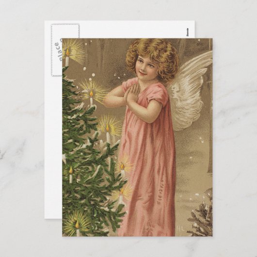 クリスマスツリーでの小さなピンクのガーベドアングル シーズンポストカード (正面/裏面)