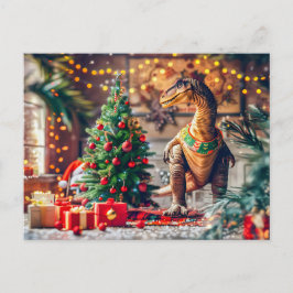 クリスマスツリーでクリスマスを祝うティラノサウルス シーズンポストカード