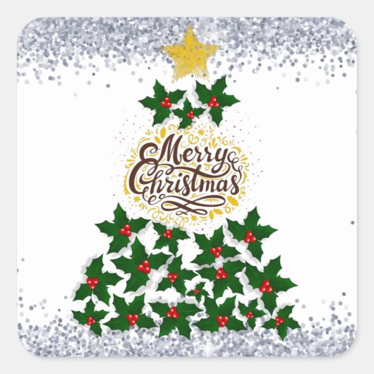 クリスマスツリーでメリークリスマス スクエアシール (正面)