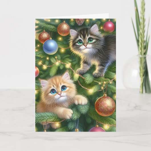 クリスマスツリーで可愛い子猫 シーズンカード (正面)