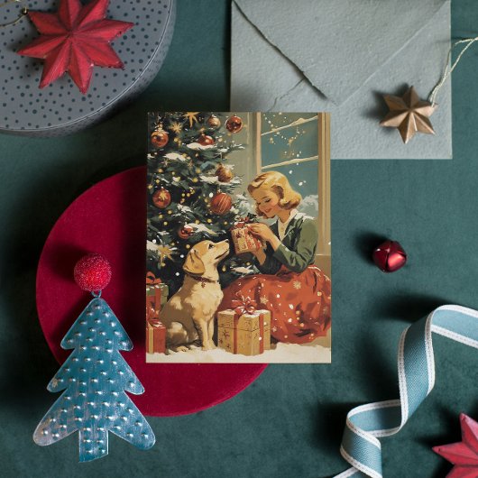 クリスマスツリーで犬と一緒にヴィンテージ シーズンカード