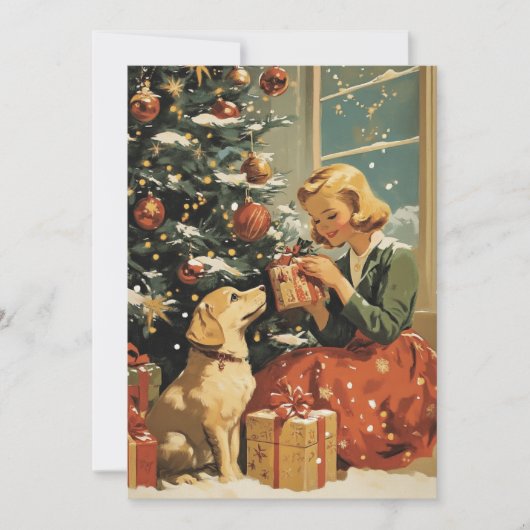 クリスマスツリーで犬と一緒にヴィンテージ シーズンカード (正面)