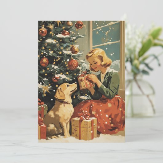 クリスマスツリーで犬と一緒にヴィンテージ シーズンカード (スタンド正面)