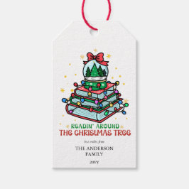 クリスマスツリーで読書するフェスティブブックワーム ギフトタグ