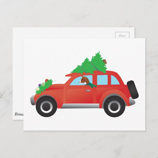 クリスマスツリーで車を運転するバセンジ犬 シーズンポストカード (正面/裏面)