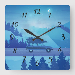 クリスマスツリーで道路を下る スクエア壁時計