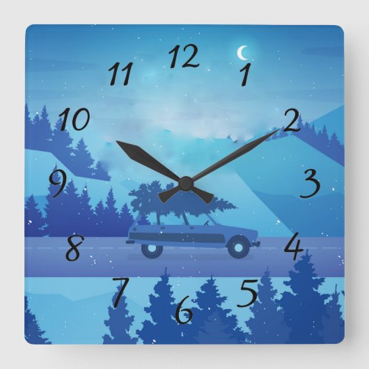 クリスマスツリーで道路を下る スクエア壁時計 (正面)