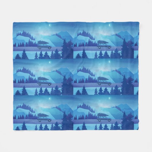 クリスマスツリーで道路を下る フリースブランケット (正面(横))